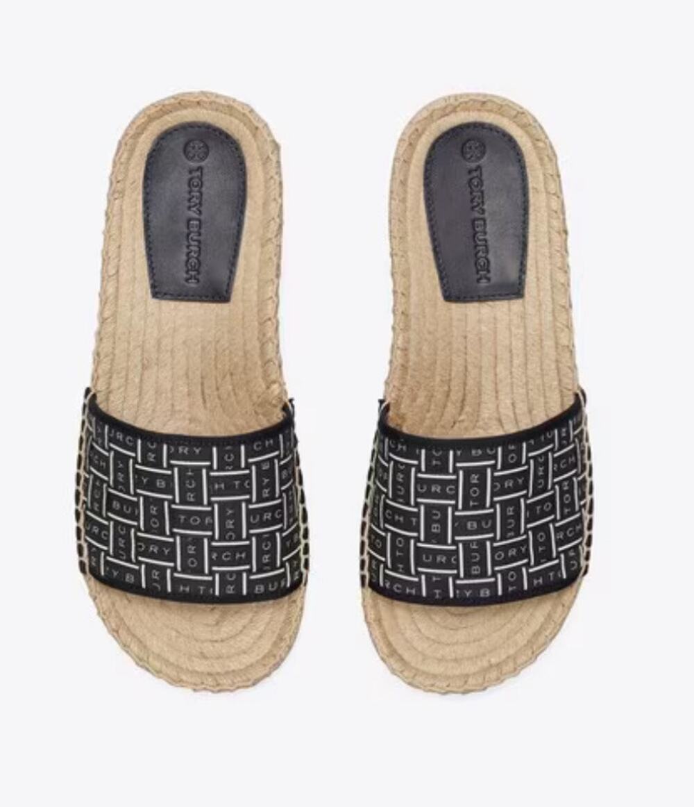 Tory Burch Logo Perfect Navy & White Ribbon Espadrille Herringbone New